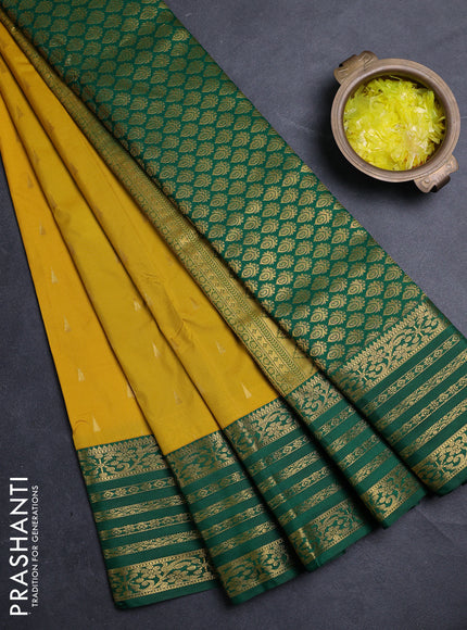 Semi kanchipuram silk saree yellow and green with allover zari woven buttas and zari woven border