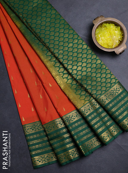 Semi kanchipuram silk saree orange and green with allover zari woven buttas and zari woven border