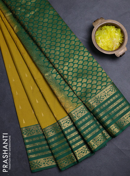 Semi kanchipuram silk saree mustard green and green with allover zari woven buttas and zari woven border