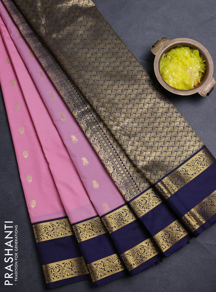 Semi kanchipuram silk saree peach pink and navy blue with allover zari woven buttas and rettapet zari woven border
