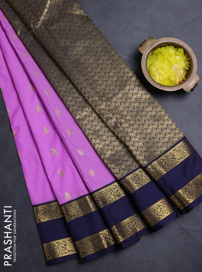 Semi kanchipuram silk saree lavender and navy blue with allover zari woven buttas and rettapet zari woven border