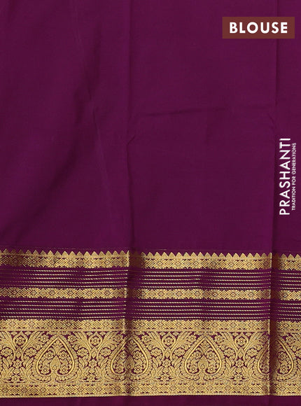 Semi kanchipuram silk saree mango yellow and purple with allover zari woven buttas and long zari woven border