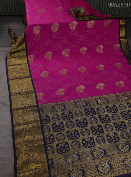 Semi kanchipuram silk saree pink and navy blue with allover zari woven buttas and zari woven korvai border
