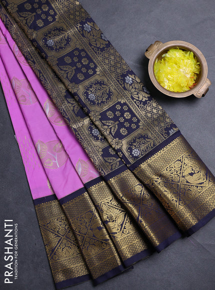 Semi kanchipuram silk saree lavender and navy blue with zari woven buttas and zari woven border