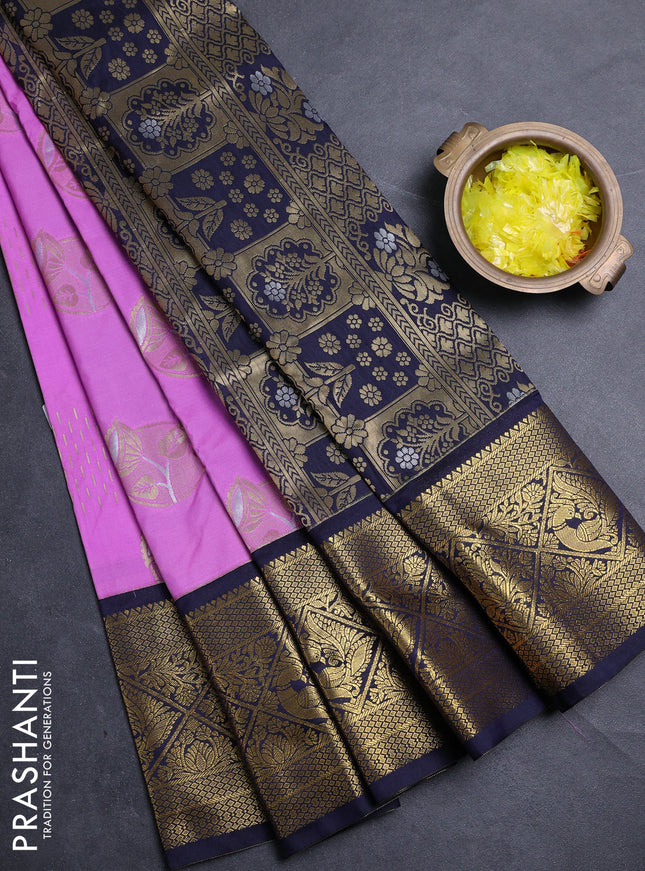 Semi kanchipuram silk saree lavender and navy blue with zari woven buttas and zari woven border