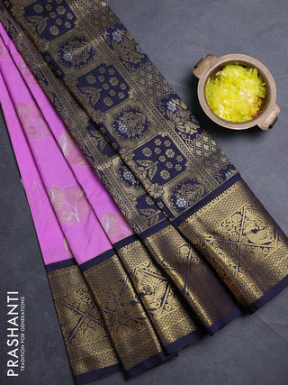 Semi kanchipuram silk saree lavender and navy blue with zari woven buttas and zari woven border