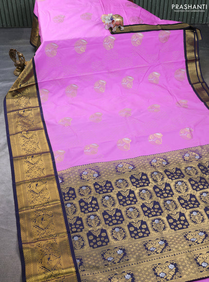 Semi kanchipuram silk saree lavender and navy blue with zari woven buttas and zari woven border