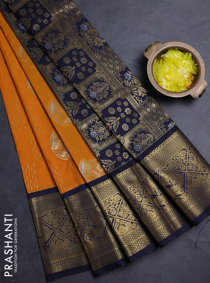 Semi kanchipuram silk saree mustard yellow and navy blue with zari woven buttas and zari woven border