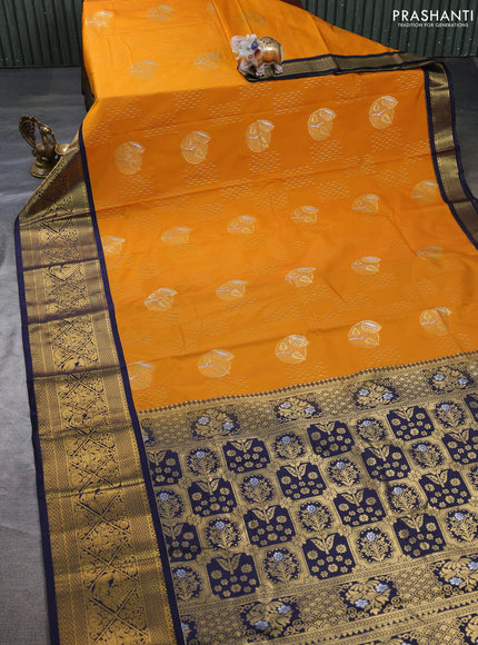 Semi kanchipuram silk saree mustard yellow and navy blue with zari woven buttas and zari woven border