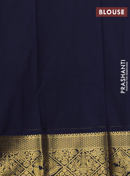 Semi kanchipuram silk saree mustard yellow and navy blue with zari woven buttas and zari woven border