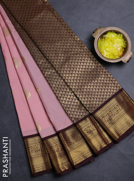 Semi kanchipuram silk saree pastel pink and deep maroon with zari woven buttas and zari woven border
