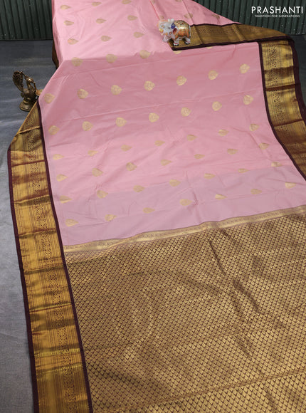 Semi kanchipuram silk saree pastel pink and deep maroon with zari woven buttas and zari woven border