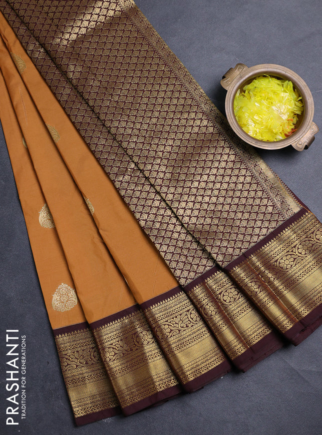 Semi kanchipuram silk saree mustard yellow and deep maroon with zari woven buttas and zari woven border