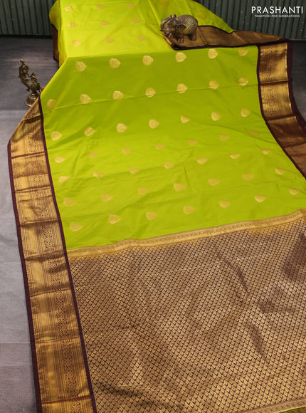 Semi kanchipuram silk saree light green and deep maroon with zari woven buttas and zari woven border
