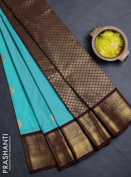Semi kanchipuram silk saree teal blue and deep maroon with zari woven buttas and zari woven border