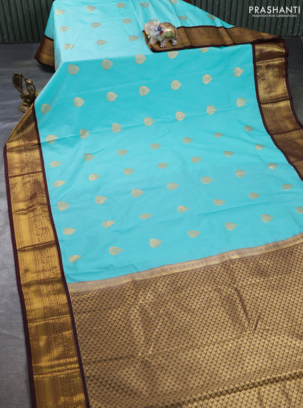 Semi kanchipuram silk saree teal blue and deep maroon with zari woven buttas and zari woven border