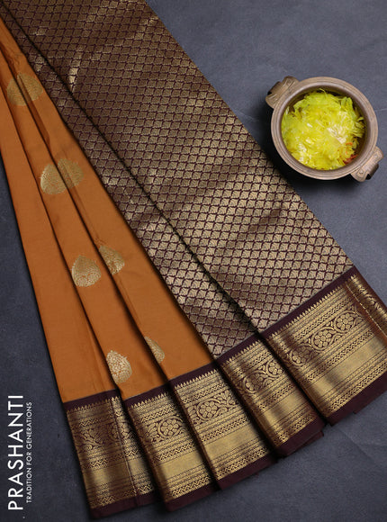 Semi kanchipuram silk saree mustard yellow and deep maroon with zari woven buttas and zari woven border
