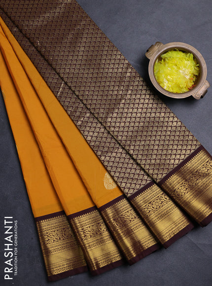 Semi kanchipuram silk saree mango yellow and deep maroon with zari woven buttas and zari woven border