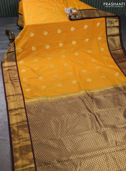 Semi kanchipuram silk saree mango yellow and deep maroon with zari woven buttas and zari woven border