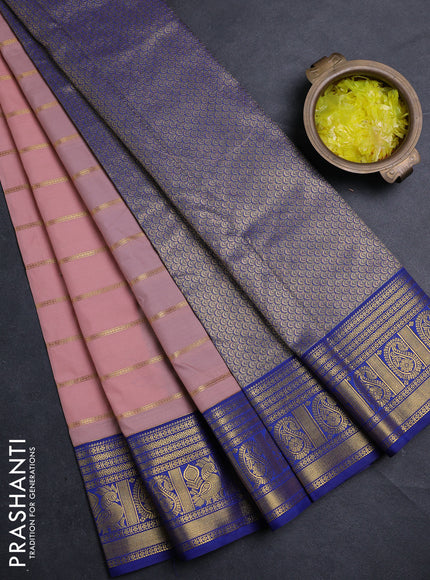 Semi kanchipuram silk saree peach pink and blue with allover zari stripe pattern and zari woven border