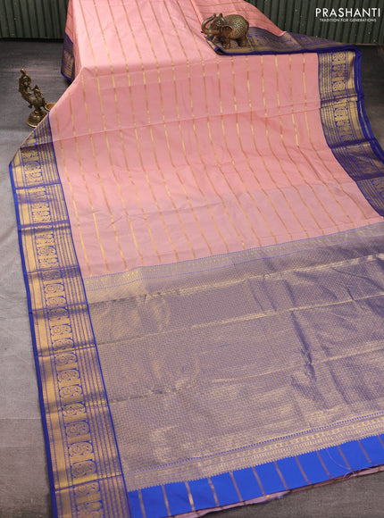 Semi kanchipuram silk saree peach pink and blue with allover zari stripe pattern and zari woven border