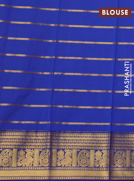 Semi kanchipuram silk saree peach pink and blue with allover zari stripe pattern and zari woven border