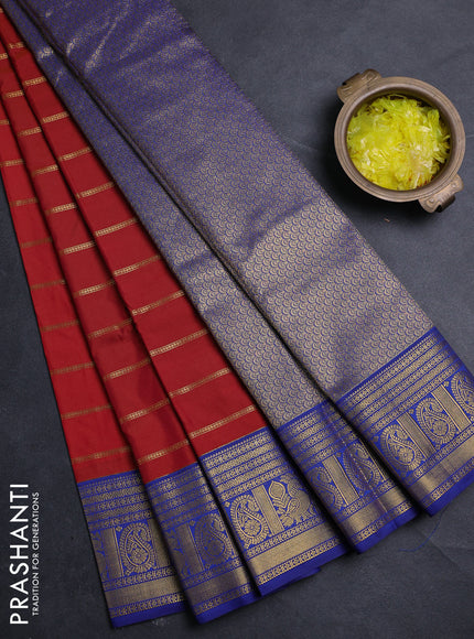 Semi kanchipuram silk saree tomato pink and blue with allover zari stripe pattern and zari woven border