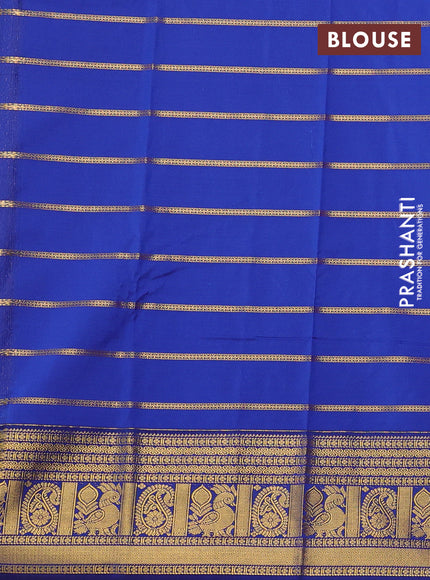 Semi kanchipuram silk saree tomato pink and blue with allover zari stripe pattern and zari woven border