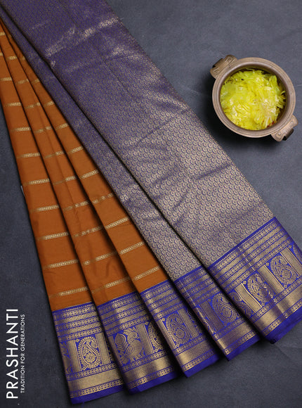 Semi kanchipuram silk saree mustard yellow and blue with allover zari stripe pattern and zari woven border