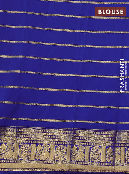 Semi kanchipuram silk saree mustard yellow and blue with allover zari stripe pattern and zari woven border