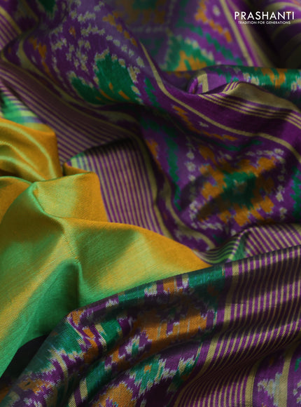 Rajkot patola silk saree mustard green and purple with plain body and ikat woven zari border