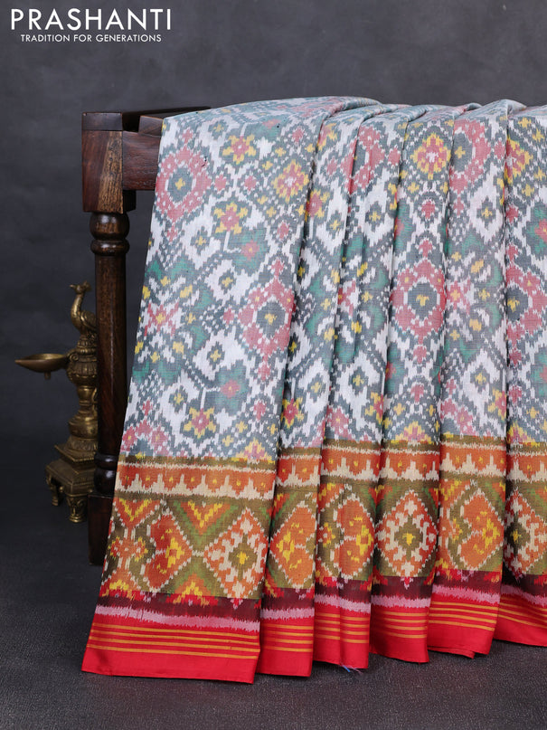 Rajkot patola silk saree off white grey and red with allover ikat weaves and ikat woven zari border