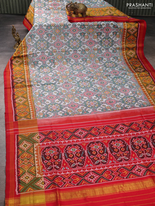 Rajkot patola silk saree off white grey and red with allover ikat weaves and ikat woven zari border