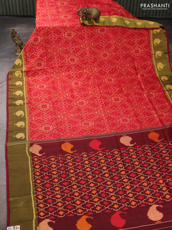 Rajkot patola silk saree red and maroon with allover ikat butta weaves and ikat woven zari border