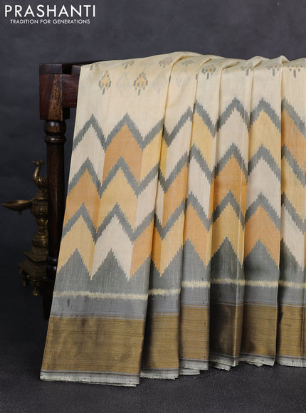 Rajkot patola silk saree cream and mustard yellow grey with allover ikat butta weaves and ganga jamuna border