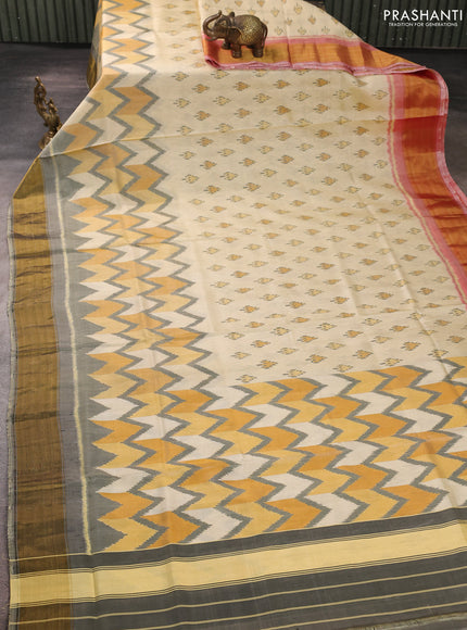 Rajkot patola silk saree cream and mustard yellow grey with allover ikat butta weaves and ganga jamuna border