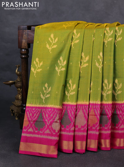 Rajkot patola silk saree mustard green and pink with allover ikat buttas and ikat woven zari border