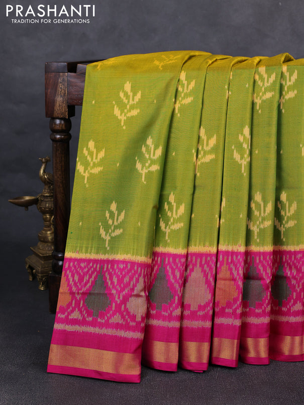 Rajkot patola silk saree mustard green and pink with allover ikat buttas and ikat woven zari border