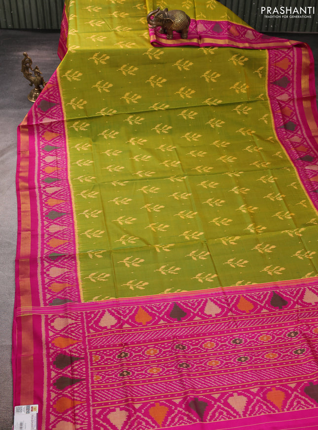Rajkot patola silk saree mustard green and pink with allover ikat buttas and ikat woven zari border