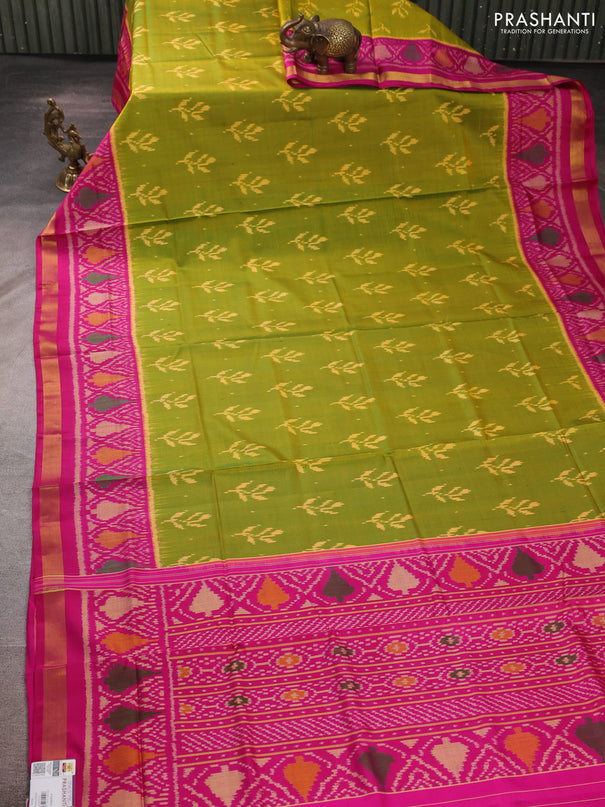 Rajkot patola silk saree mustard green and pink with allover ikat buttas and ikat woven zari border