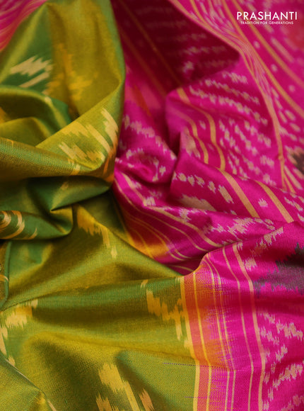 Rajkot patola silk saree mustard green and pink with allover ikat buttas and ikat woven zari border
