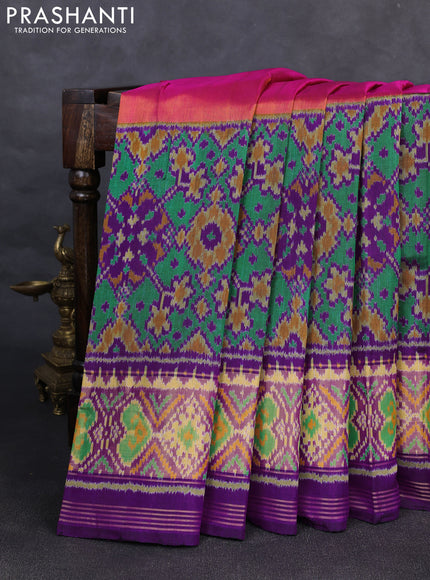 Rajkot patola silk saree dual shade of pinkish yellow and purple with plain body and ikat woven zari border