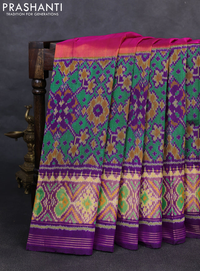 Rajkot patola silk saree dual shade of pinkish yellow and purple with plain body and ikat woven zari border