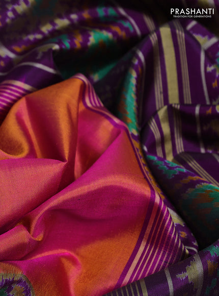 Rajkot patola silk saree dual shade of pinkish yellow and purple with plain body and ikat woven zari border