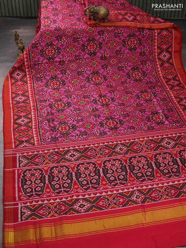 Rajkot patola silk saree pink and maroon with allover ikat weaves and ikat woven zari border