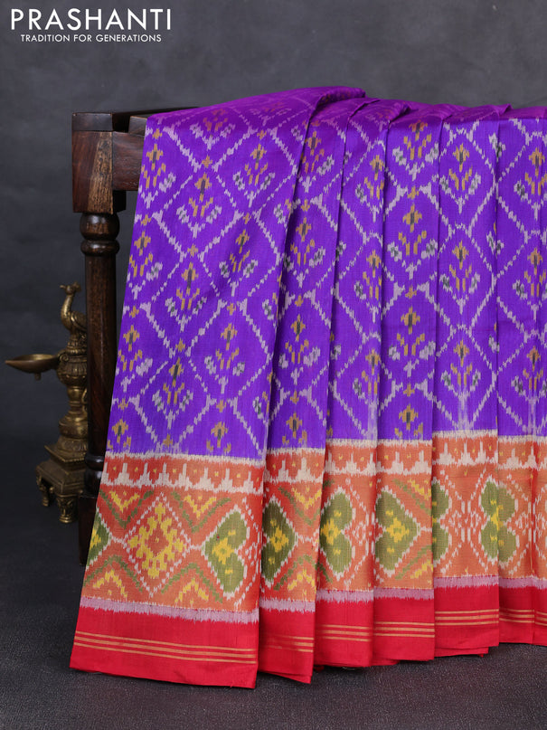 Rajkot patola silk saree purple and kumkum red with allover ikat weaves and ikat woven zari border