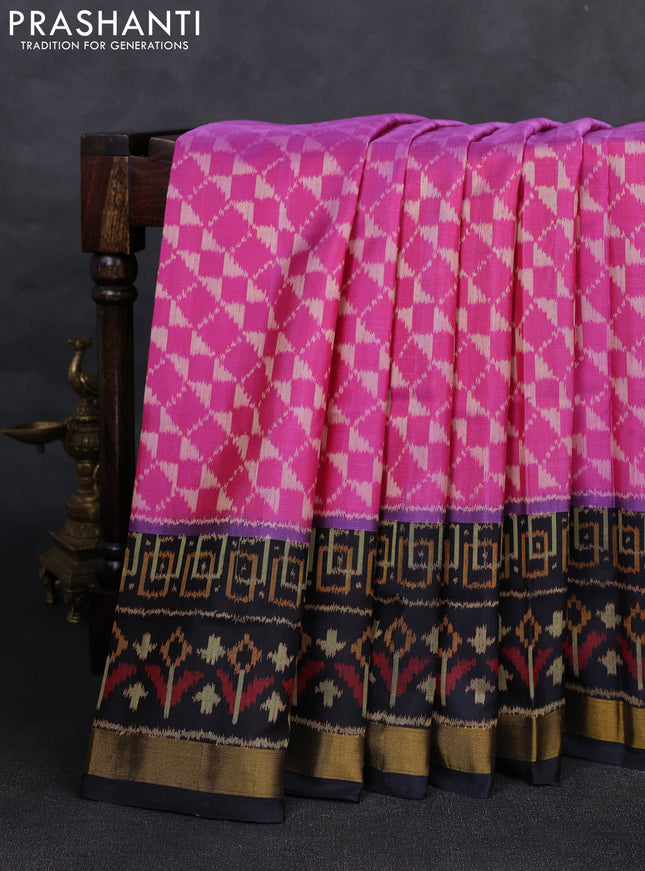 Rajkot patola silk saree pink and black with allover ikat weaves and ikat woven zari border