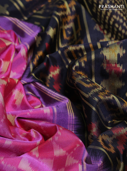 Rajkot patola silk saree pink and black with allover ikat weaves and ikat woven zari border