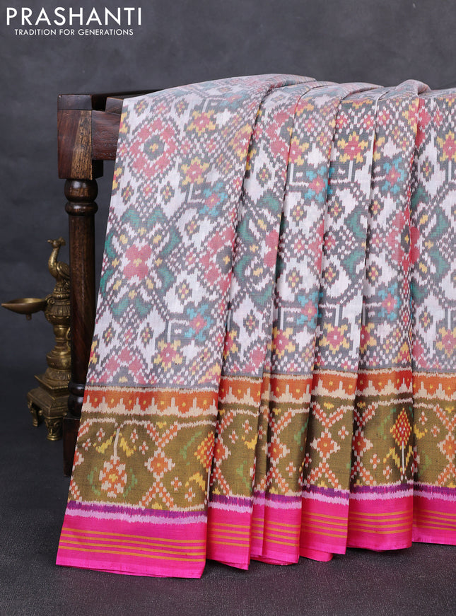 Rajkot patola silk saree off white grey and pink with allover ikat weaves and ikat woven zari border