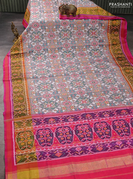 Rajkot patola silk saree off white grey and pink with allover ikat weaves and ikat woven zari border